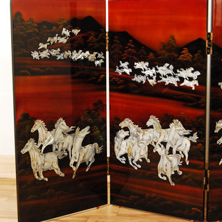 0697 中国 螺鈿細工 漆塗り 高さ80.8cm 広さ 160cm 衝立 4連 馬 百馬図
