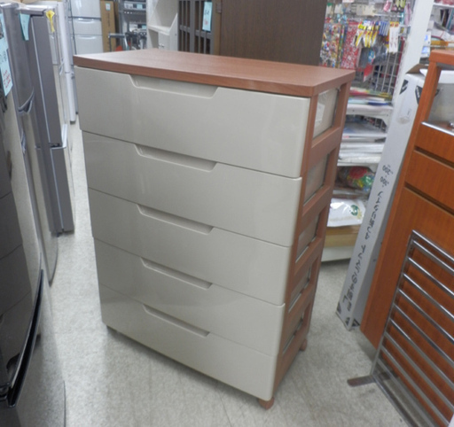 PayPay対応 5段 プラチェスト ウッドトップ風 キャスター付き ブラウン系 ベージュ系 引き出し 箪笥 タンス ケース 収納 札幌市西区西野