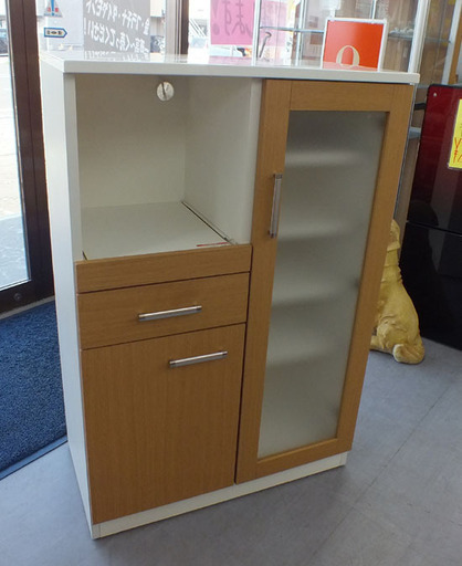 PayPay可  手稲リサイクル  ミドルレンジボード 食器棚 レンジ台 エナメル ホワイト ライトブラウン