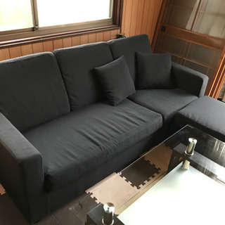 オットマン クッション2つ付き 3人掛けソファ 黒