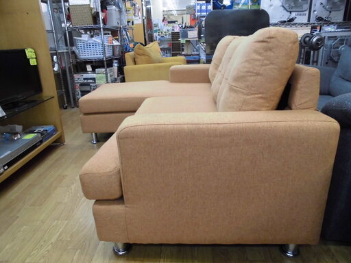 カウチソファ 3人掛けソファ L字ソファ オレンジ系 布製 幅186cm　西岡店