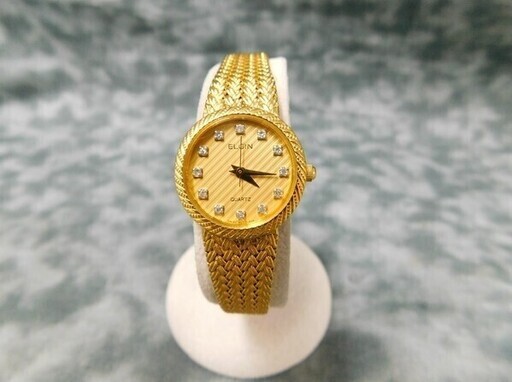 ELGIN エルジン 天然石 12P レディース腕時計 ゴールド文字盤。