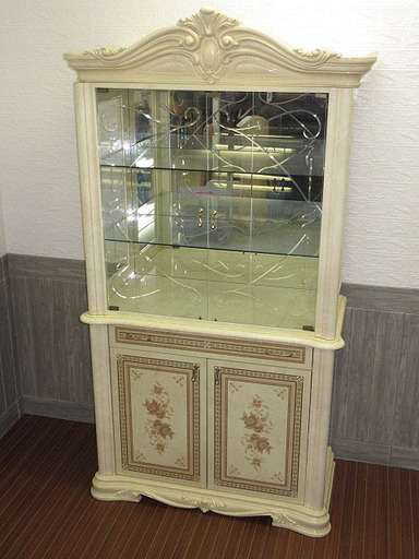 stp-0011　飾り棚　キャビネット　ホワイト　アンティーク調　ガラス棚　鏡　キュリオケース　ショーケース　ガラスキャビネット　食器棚　家具　ミラー付き　コレクションケース　収納　白