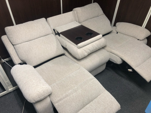 電動リクライニング 3人用ソファ 薄いベージュ色&ウッド