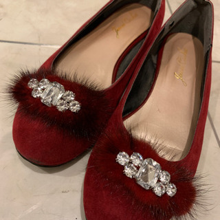 パンプス ① フラットパンプス Lサイズ ビジュー ファー レッド 