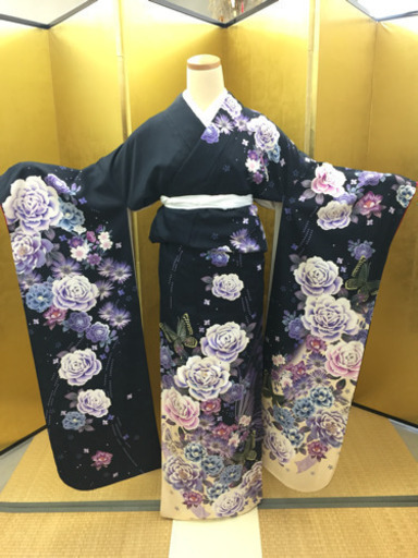 本振袖 紺地 花柄 仕立て上がり 襦袢、袋帯付き