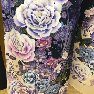 本振袖 紺地 花柄 仕立て上がり 襦袢、袋帯付き