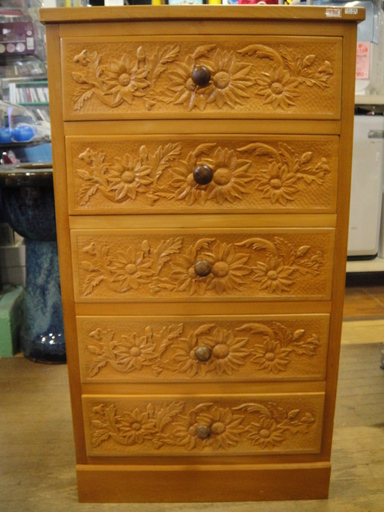 ５段ミニチェスト　木製　彫刻　木彫り　彫り物　タンス　引き出し