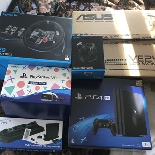 【オークションサイト出品の為早期終了の可能性あり】PS4Pro1TB　購入1年以内の為保証期間中　VR　SpecialOffer　logitechG29DRIVINGFORCEハンコンSHIFTERシフター　ASUSゲーミングモニター24型 フルHD　VE24　　空冷ファン付縦置きスタンド　　 箱付き　　中古　動作確認済み　ソフト付きの画像