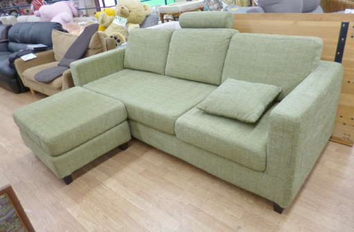 リラックスフォーム 3人掛けソファー オットマン付き グリーン系 ローソファ ソファ  ☆ PayPay(ペイペイ)決済可能 ☆ 札幌市 清田区 平岡