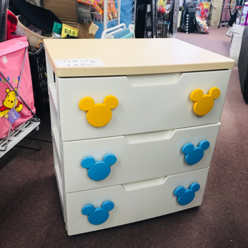 お値打ち品♡ディズニー 木目調天板 三段チェスト 青ミッキー