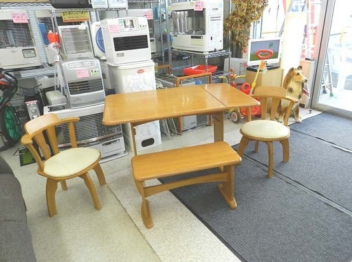 ダイニングセット 2～4人用 伸縮テーブル 4点セット 回転イス2脚 ベンチイス ライトブラウン ☆ PayPay(ペイペイ)決済可能 ☆ 札幌市 北区 屯田