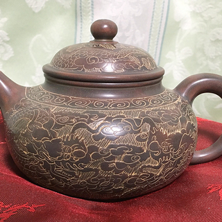 中国 欽陶居 急須 No.39 雲龍 擬古型 紫泥 白泥 紫砂 茶壷 茶壺 欽州 エングレービング 浮彫 罫書き