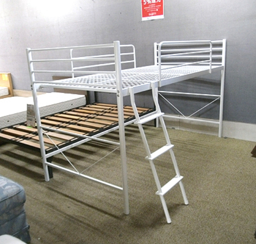 札幌【真っ白い ハイベッド】寝床までの高さ95.5cm シングルサイズ スチール製 白 ホワイト ロフトベッド システムベッド 本郷通店