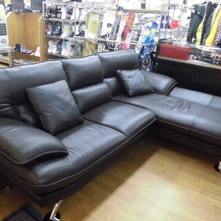 本革カウチソファ L字ソファ ダークブラウン クッション付き 右カウチ