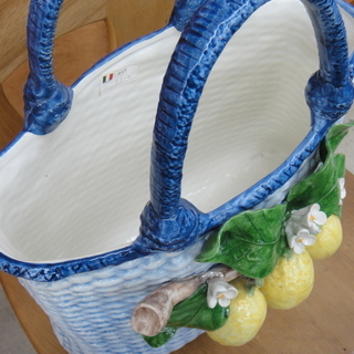 93 イタリア製 陶器のバスケット型オブジェ 花器 花瓶 フラワーベース