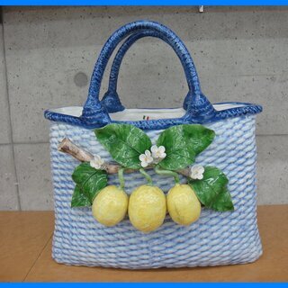 93 イタリア製 陶器のバスケット型オブジェ 花器 花瓶 フラワーベース