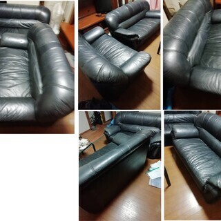 (商談中)黒いレトロなソファー二つ。素材不明。革のような気もしま...