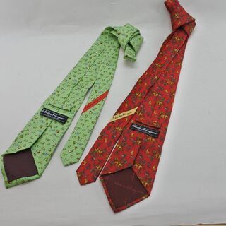 フェラガモ★ネクタイ 2本セット 緑・赤系★中古[9492の画像