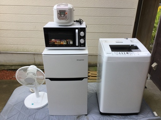 冷蔵庫、洗濯機、電子レンジ、炊飯器、扇風機、セット