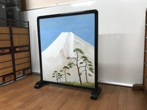 和風 1枚式 漆塗り 衝立て 両面 風景画 雪山 田舎風景 古風 和家具