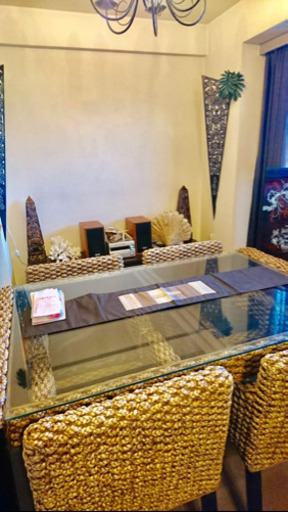 アジアン家具　ダイニングセット　ガラステーブル椅子4脚付き