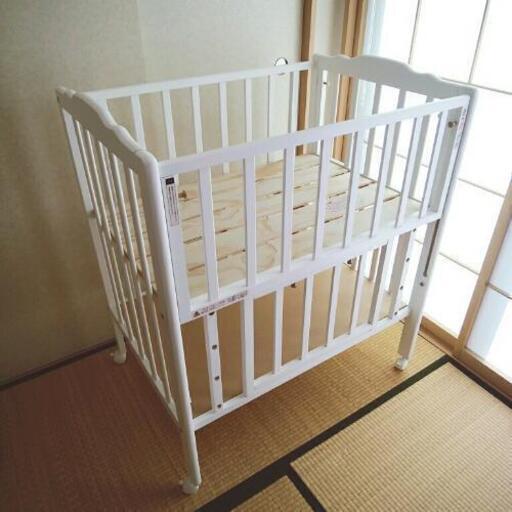 【終了】ミニベビーベッド  Wオープン ハイタイプ 白 収納スペースつき
