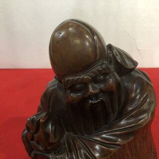 古い木彫 彫刻 長寿の神　福禄寿 の一刀彫り 七福神　仏教美術 中国骨董　アンティーク　　高さ20cmの画像