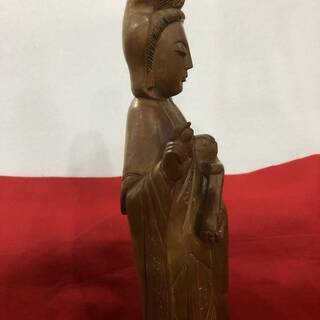 古い木彫 彫刻 　観音様の一刀彫り　仏教美術 中国　骨董　　高さ４６cmの画像