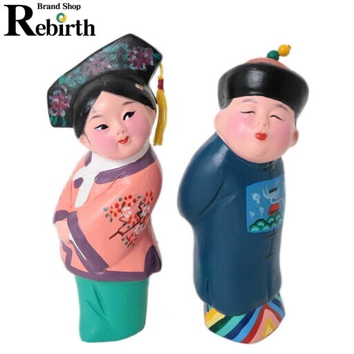 天津泥人形彩塑 工作室経営部 中国 泥人形 2体セット 全長約13cm 重量 女203g/男235g NT 中古
