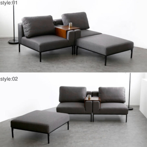 2人掛けカウチソファ　ネイビー スチール脚 オットマン付き レイアウト自在 [幅82-265]（展示品★美品）