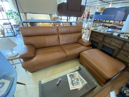 ソファ 2.5P～3.0P 2人掛け 3人掛け 本革 茶系 オットマン付き 東京インテリア購入品 中古品