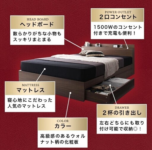 棚・コンセント付き収納ベッド General ジェネラル スタンダードボンネルコイルマットレス付き セミダブル