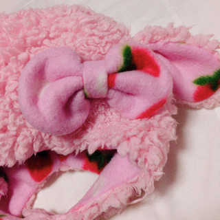 女の子 もこもこ帽子 いちご 耳付 リボン ピンクの画像