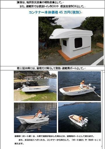 救助用、避難用ボート（釣りボートにも可能）を屋根として搭載した、軽トラック用コンテナー（キャンピングカーに転用も可能）