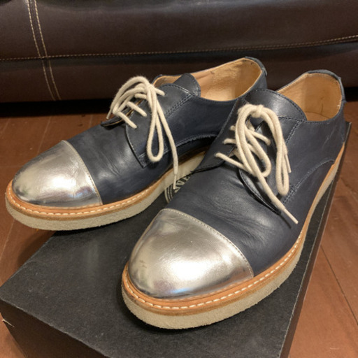 本革 PASCUCCI レディースローファー 36 ネイビー×シルバー