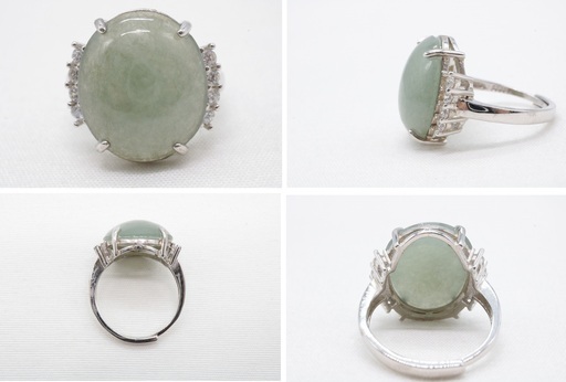 【宝石ソーティング付】天然本翡翠使用 ミャンマー産 ヒスイ 16.6×14.4×5.3mm シルバー 925 調節可能 フリーサイズ リング 指輪【VI-24】