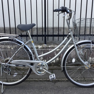 良品★ 26インチ・自転車 シルバー LEDライト、シマノ6段変速