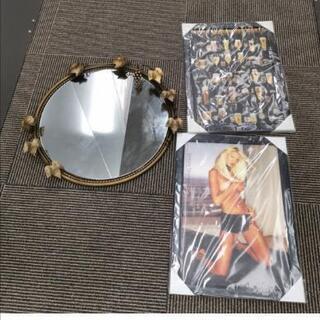 一部未使用 ビンテージ風壁飾り3点 大型ミラー 楕円 ポスター ...