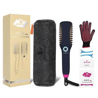 ヘアアイロンブラシ 2in1　ヘアクリップと羊毛化粧品バッグ付き...