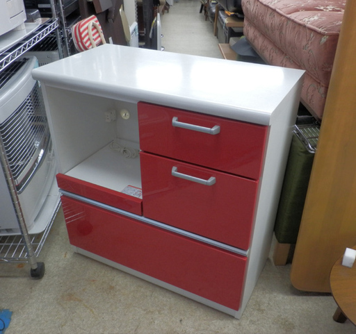 PayPay対応 キッチンカウンター 赤×白 レンジボード レンジ台 食器棚 札幌市西区西野