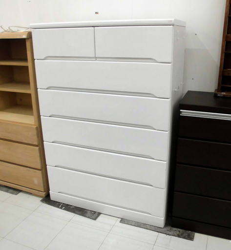 エナメルホワイト 6段チェスト タンス 衣類収納 引出7 幅90cm レール付き 苫小牧西店