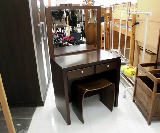 格安! 大型ドレッサー 幅75cm×奥行48cm×高さ133cm 化粧台 デスク 椅子付き ブラウン 苫小牧西店