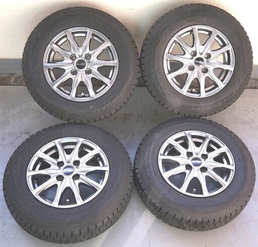 【美品!タイヤ深溝!!】 EuroSpeed(マナレイスポーツ) スタッドレスタイヤ/ホイール 4本セット13インチ 5J PCD100 4穴 OFF+35 タイヤ ダンロップ ウィンターマックスＷＭ01　2016年製 155-80R13 です。