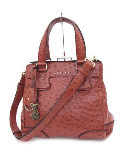 美品 セリーヌ 馬車チャーム付き オーストリッチ 2way ショルダーバッグ