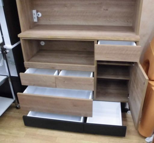 キッチンボード 家電ボード レンジボード 食器棚 カップボード 木目 ナチュラル ガラス扉 スライド棚  幅120㎝ 西岡店