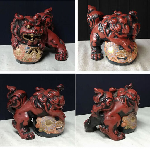 c419 九谷焼 玉乗獅子 獅子 開運 置物 狛犬 縁起物 赤獅子