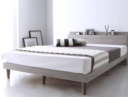 【未使用品】ダブルサイズ・すのこベッドフレーム・棚コンセント付き・ライトグレー・11537