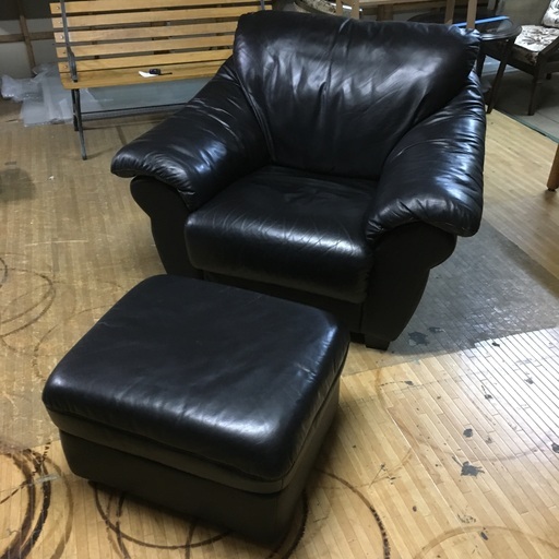 【3/4 終】￥25000→￥10000 iDC 大塚家具 高級 1人掛けソファ オットマン セット アルバ 総革張り 1P 一人 革 本革 レザー ソファ ブラック 黒 東HG