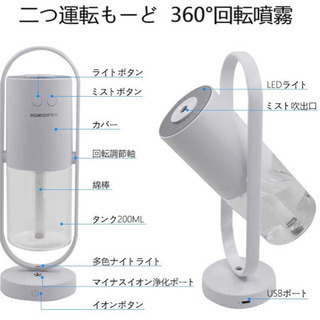 【新品未使用】加湿器 卓上用 超音波式 ミニ加湿器 持ち運び便利 七色LEDライトUSB給電 360°回転 空気清浄機 イオン発生 クリスマス人気 省エネ 静音 除菌200ml (ホワイト)の画像